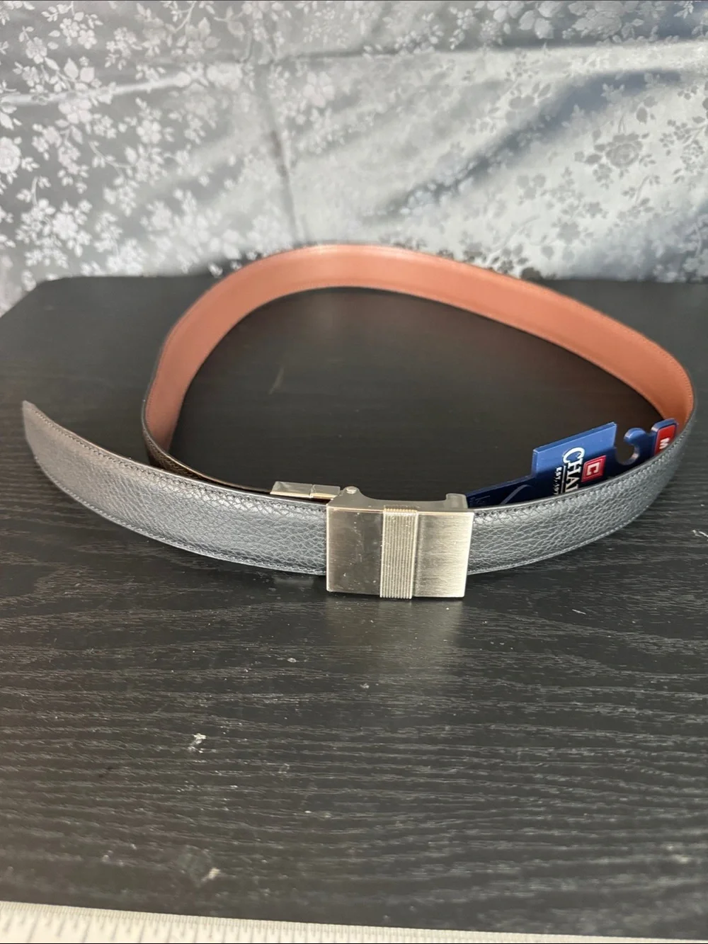Men's Classic Black Leather Belt with Brushed Metal Buckle